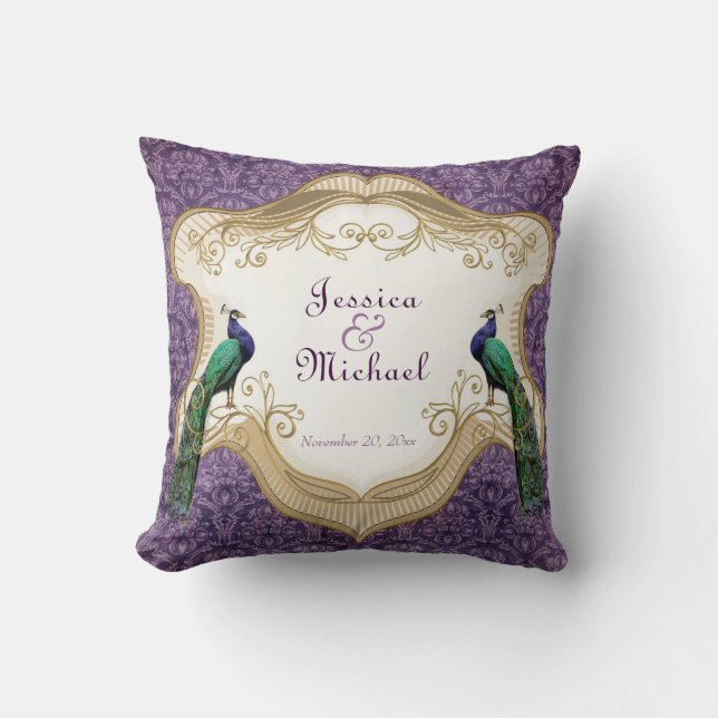 Royal Peacock (Purple) Personalized Anniversary Throw Pillow (Front)