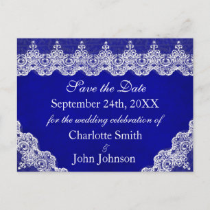 Royal Personalized Blue Cobalt Lace Save the Date Announcement Postcard