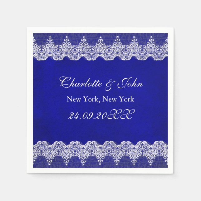 Royal Personalized Cobalt Lace Wedding Napkins (Front)