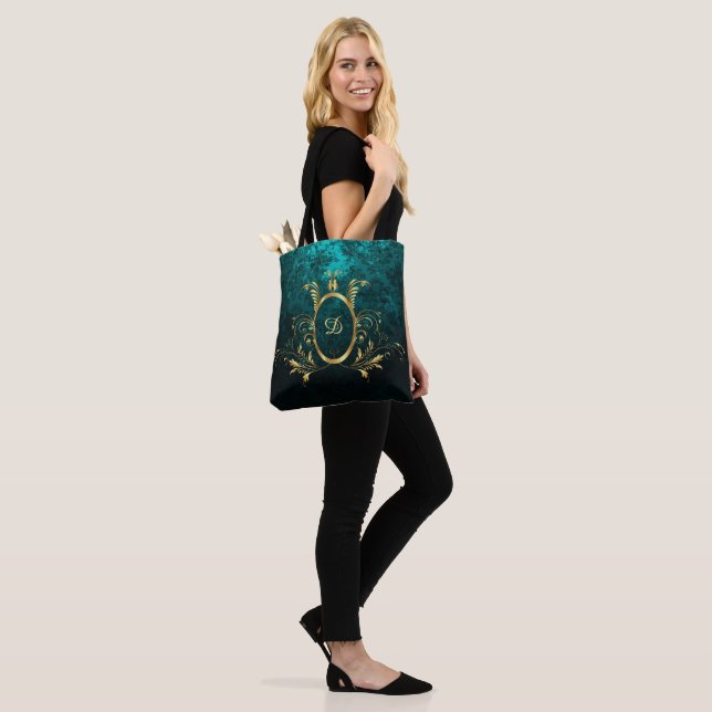 Royal Personalized Damask Turquoise Tote Bag (On Model)