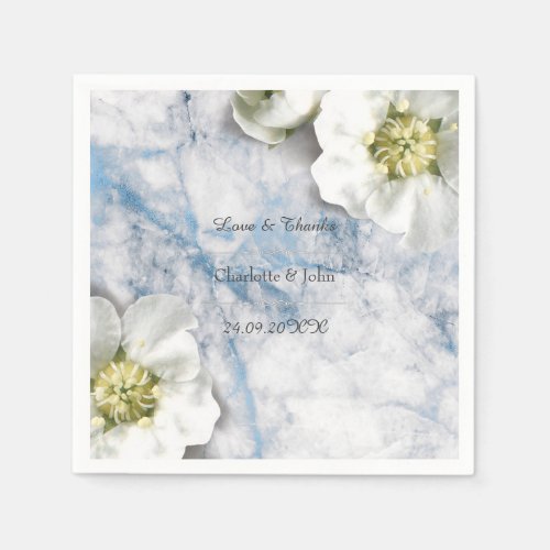 Royal Personalized Floral Marble Gray White Blue Paper Napkins