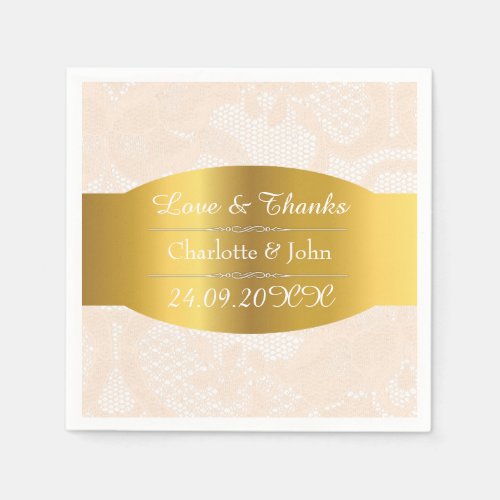 Royal Personalized Golden Pastel Lace Wedding Paper Napkins