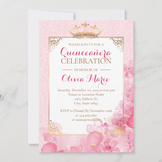 Royal Pink and Gold Quinceanera Invitation (Front)