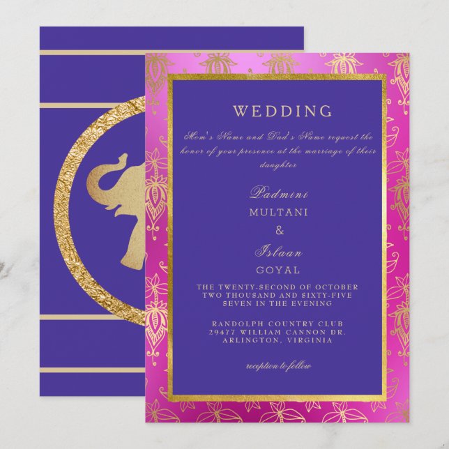 Royal Pink & Blue Colorful Wedding Invitation (Front/Back)