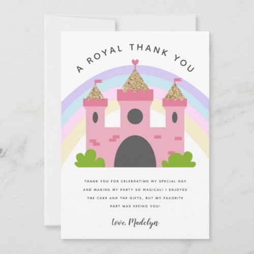 Royal Pink Gold Castle Birthday Party Thank You Card