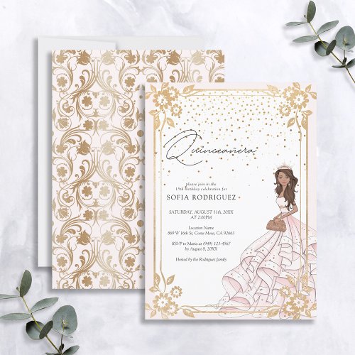 Royal Pink  Gold Dress Glam Quinceanera Birthday Invitation