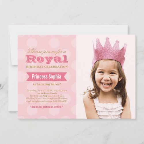 Royal Pink Gold Princess Girl Photo Birthday Party Invitation