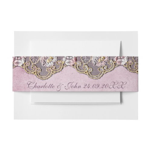 Royal Pink Lace White Vintage Wedding Band Invitation Belly Band