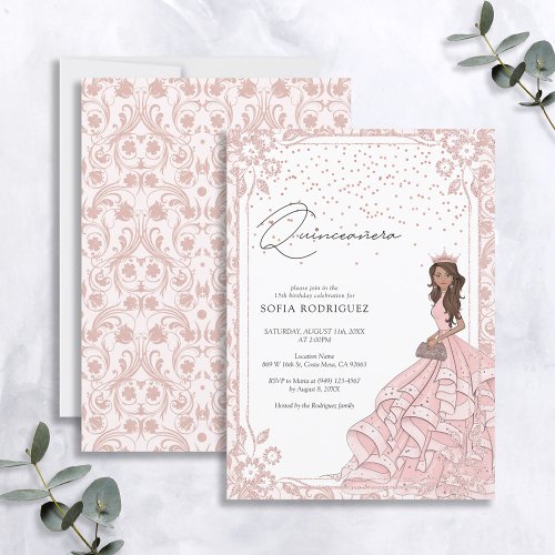 Royal Pink Rose Gold Dress Quinceanera Birthday Invitation