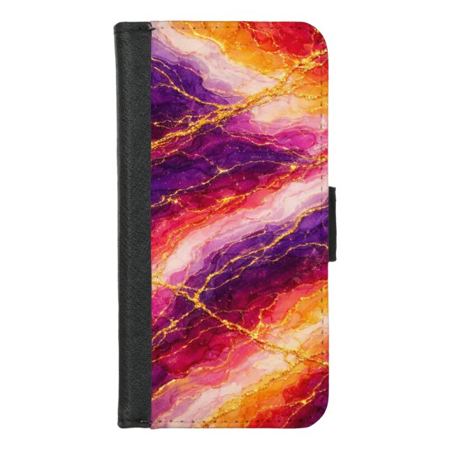 Royal Plum & Raspberry Marble with Gold Veining iPhone Wallet Case (Front)