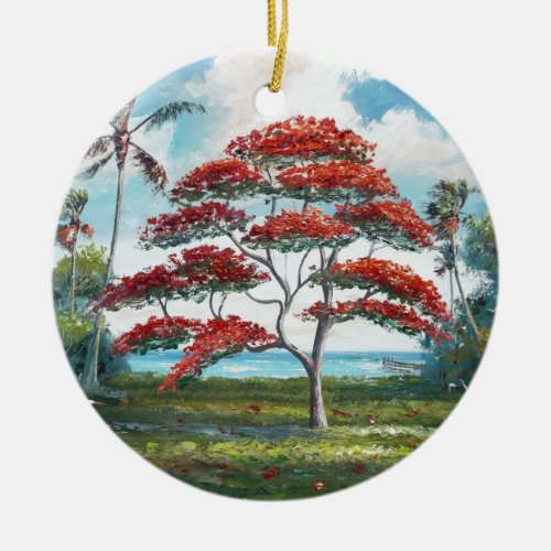 Royal Poinciana and Palm Tree Ceramic Ornament