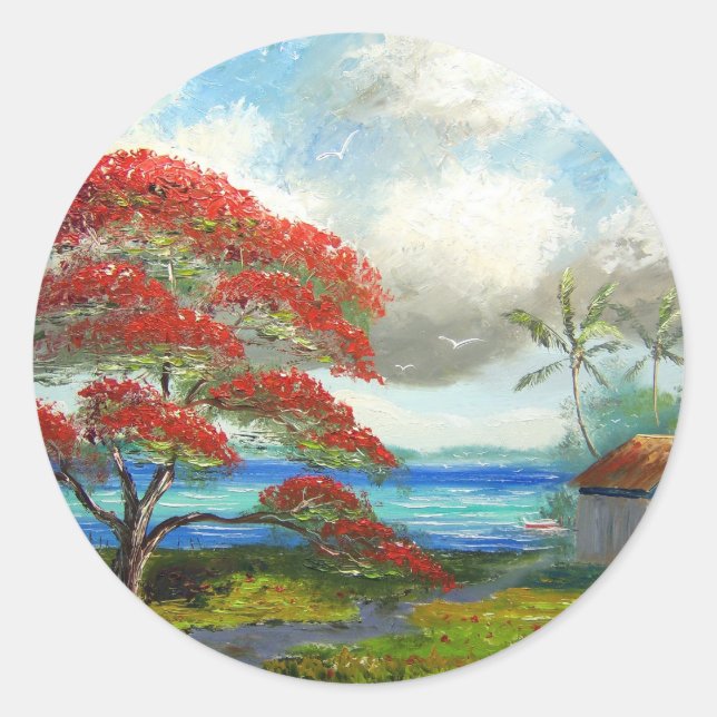 Royal Poinciana & Palm Trees Classic Round Sticker (Front)
