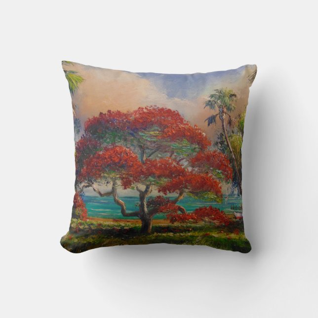 Royal Poinciana Tree & Boat by Mazz Throw Pillow (Front)