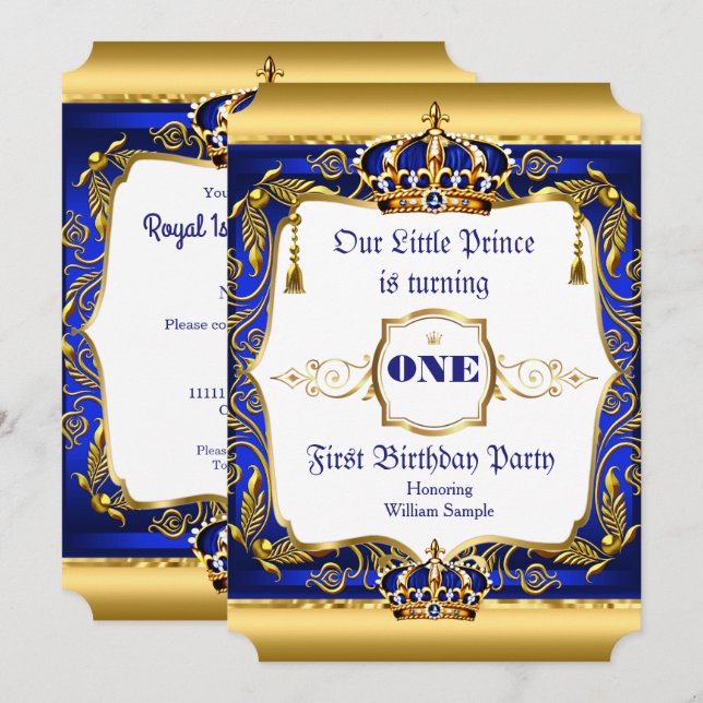 Royal Prince 1st Birthday Blue Ornate Gold Crown Invitation (Front/Back)