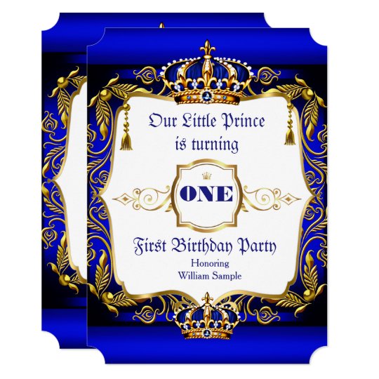 Royal Prince 1st Birthday party Blue Gold Crown Invitation