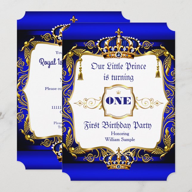 Royal Prince 1st Birthday party Blue Gold Crown Invitation (Front/Back)