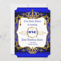 Prince, Royal, King, Blue, Gold, First Birthday, One, Birthday Party  Invitation