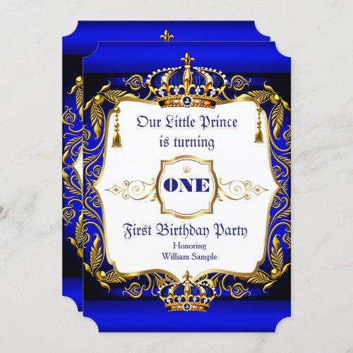 Royal Prince 1st Birthday party Blue Gold Crown Invitation