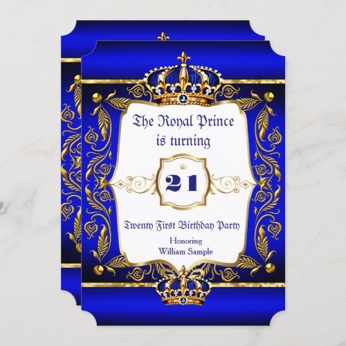 Royal Prince 21st Birthday Blue Ornate Gold Crown Invitation