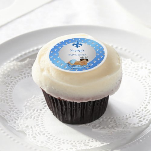 Royal Prince Baby Blue Silver Fleur de Lis Edible Frosting Rounds