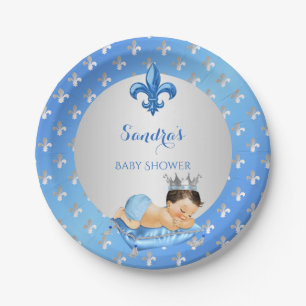 Royal Prince Baby Blue Silver Fleur de Lis Paper Plates