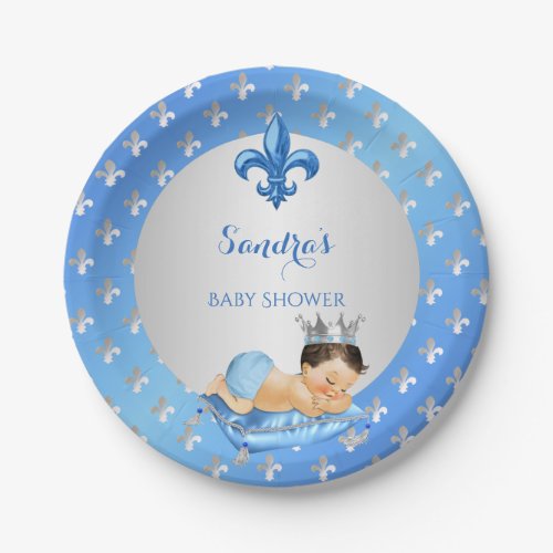 Royal Prince Baby Blue Silver Fleur de Lis Paper Plates