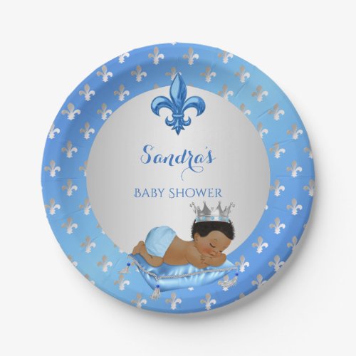 Royal Prince Baby Blue Silver Fleur de Lis Paper Plates