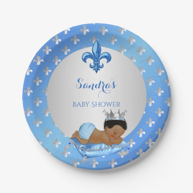 Royal Prince Baby Blue Silver Fleur de Lis Paper Plates (Front)