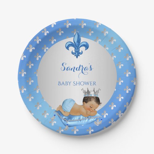 Royal Prince Baby Blue Silver Fleur de Lis Paper Plates