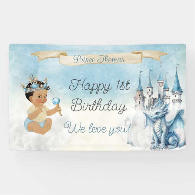 Royal Prince Baby Boy Castle Dragon Blue Gold Banner (Horizontal)