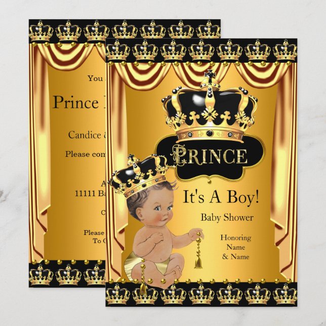 Royal Prince Baby Shower Black Gold Brunette Invitation (Front/Back)