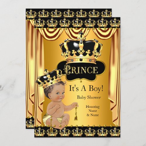 Royal Prince Baby Shower Black Gold Brunette Invitation