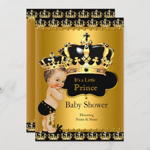Royal Prince Baby Shower Black Gold Brunette Invitation