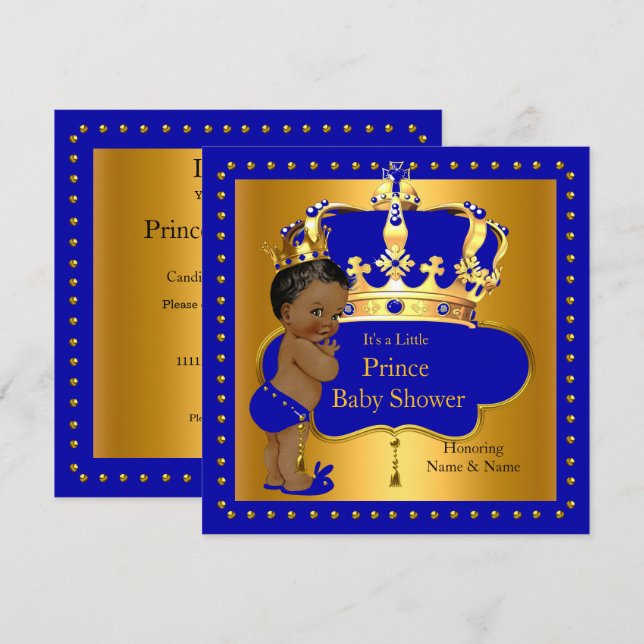 Royal Prince Baby Shower Blue Boy Crown Ethnic Invitation (Front/Back)