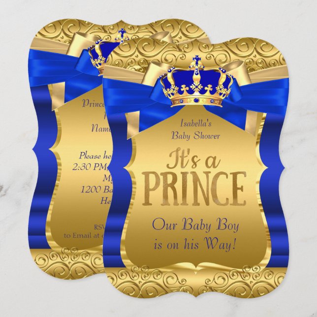 Royal Prince Baby Shower Blue Gold Bow Boy Invitation (Front/Back)