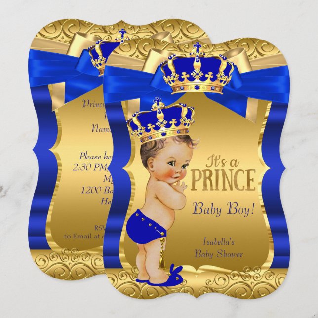 Royal Prince Baby Shower Blue Gold Bow Brunette Invitation (Front/Back)