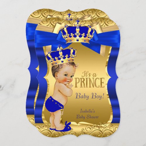 Royal Prince Baby Shower Blue Gold Bow Brunette Invitation