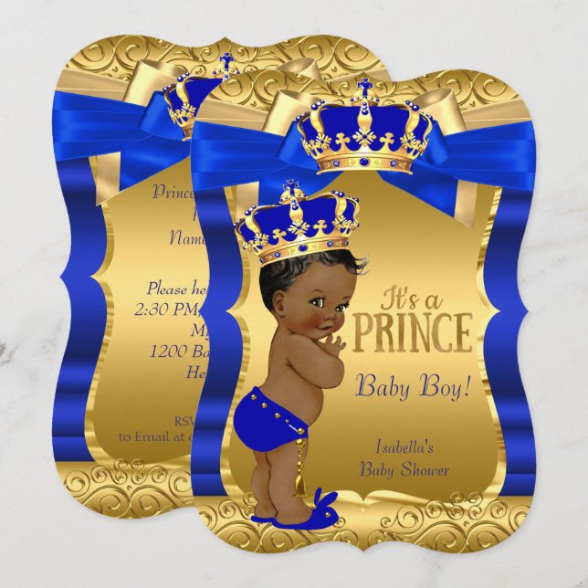 Royal Prince Baby Shower Blue Gold Bow Ethnic Invitation (Front/Back)