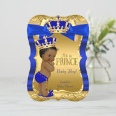 Royal Prince Baby Shower Blue Gold Bow Ethnic Invitation (Standing Front)