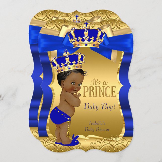 Royal Prince Baby Shower Blue Gold Bow Ethnic Invitation (Front/Back)
