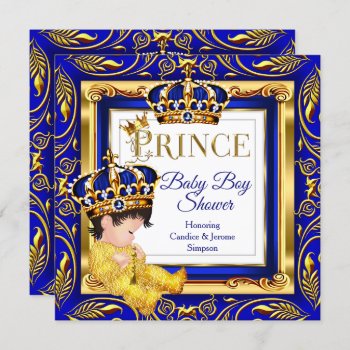Royal Prince Baby Shower Blue Gold Brunette Invitation by VintageBabyShop at Zazzle