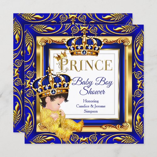 Royal Prince Baby Shower Blue Gold Brunette Invitation