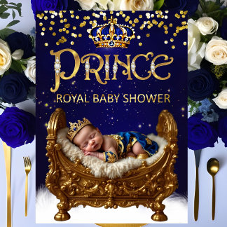 Royal Prince Baby Shower Blue Gold Crib Glitter Invitation