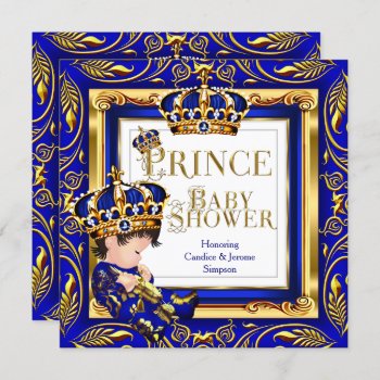 Royal Prince Baby Shower Blue Gold Crown Brunette  Invitation by VintageBabyShop at Zazzle