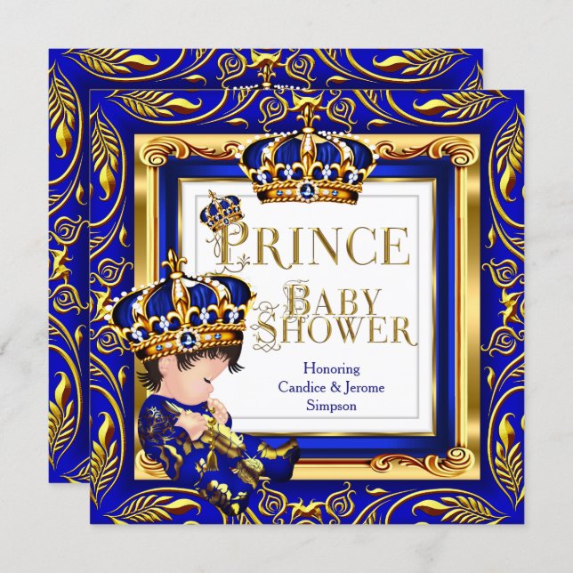 Royal Prince Baby Shower Blue Gold Crown Brunette  Invitation (Front/Back)