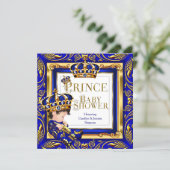Royal Prince Baby Shower Blue Gold Crown Brunette  Invitation (Standing Front)