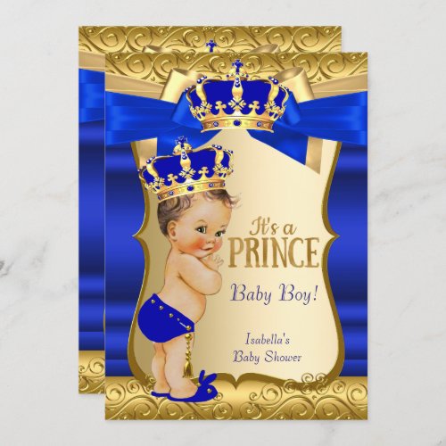 Royal Prince Baby Shower Blue Gold Damask Brunette Invitation