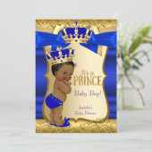 Royal Prince Baby Shower Blue Gold Damask Ethnic Invitation (Standing Front)