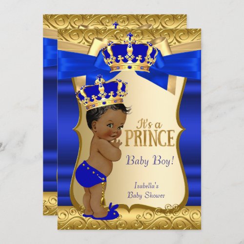 Royal Prince Baby Shower Blue Gold Damask Ethnic Invitation