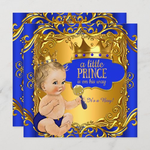 Royal Prince Baby Shower Blue Gold Rattle Blonde Invitation
